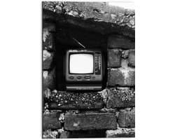 Dibond - Ouderwetse Televisie in de Muur (Zwart-wit) - 50x75 cm Foto op Aluminium (Met Ophangsysteem)