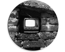 Dibond Muurcirkel - Ouderwetse Televisie in de Muur (Zwart-wit) - 30x30 cm Foto op Aluminium Muurcirkel (met ophangsysteem)