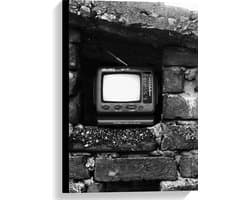 Canvas - Ouderwetse Televisie in de Muur (Zwart-wit) - 40x60 cm Foto op Canvas Schilderij (Wanddecoratie op Canvas)