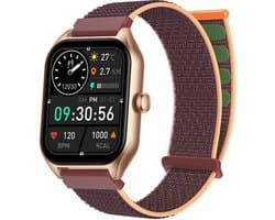 Royal Supplies C50 - Smartwatch- Smartwatch Dames & Heren - Screenprotector - 2026- Bellen- HD Touchscreen - Horloge - Stappenteller - Bloeddrukmeter - Saturatiemeter - IOS & Android -Bruin Neylon