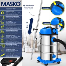 MASKO® industriële stofzuiger nat-droog roestvrij staal 2300W + stopcontact | blaasfunctie | droog en nat zuigen | Push&Clean | industriële stofzuiger met en zonder zak | zakloos - Blauw / Grijs — thumbnail 3