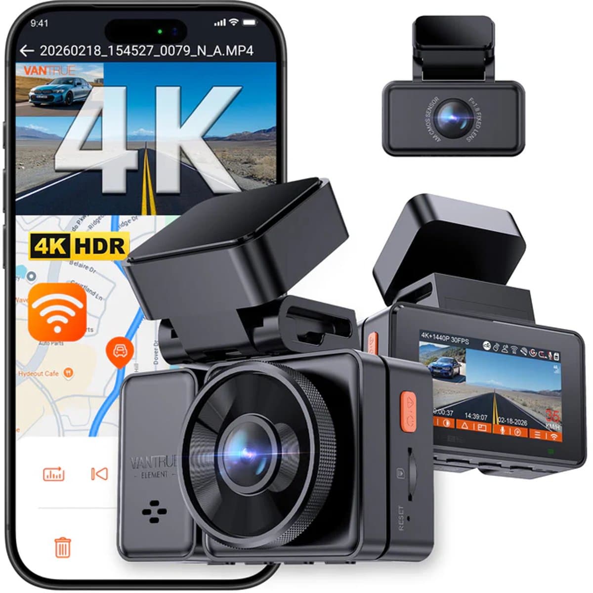VANTRUE E2 Pro 4K + 2.5K Dual Dashcam Voor & Achter, Dual HDR, Nachtzicht, 5GHz WiFi GPS Autocamera, Spraakbesturing, 24H Parkeermodus, 2.45'' Display — afbeelding 1
