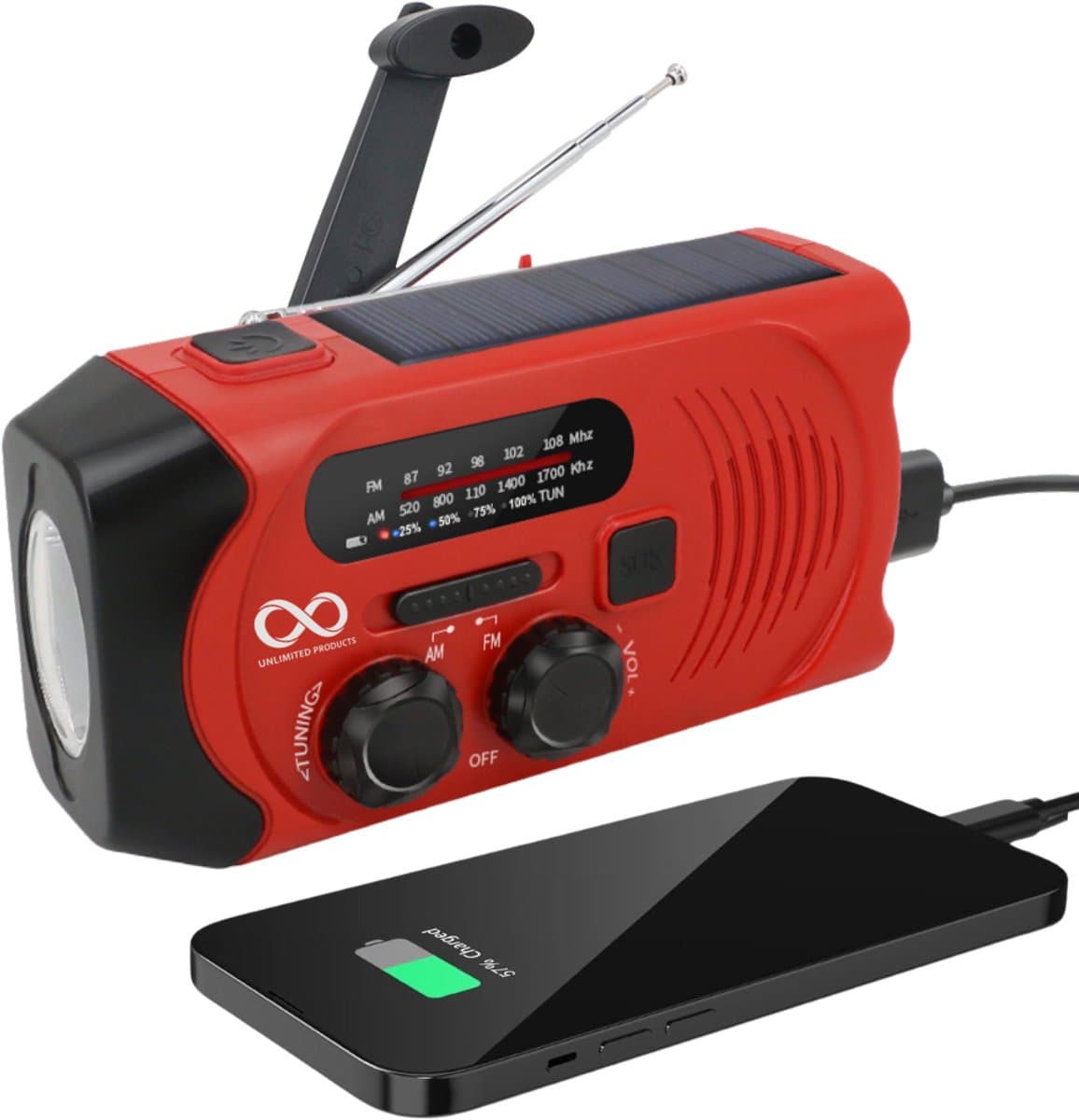Noodradio - Solar - Opwindbaar - Rood - Powerbank Zonne-energie - Zaklamp - Opwindbare Radio - Noodpakket — afbeelding 1