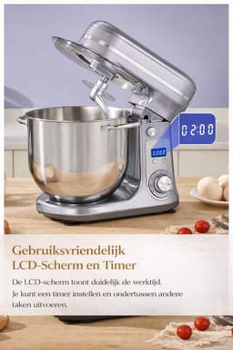 Sello! keukenmachine - krachtige stille motor – deeg kneden – mixer – kloppen – 6 snelheden – 1200 watt – 6 liter – grijs — thumbnail 2