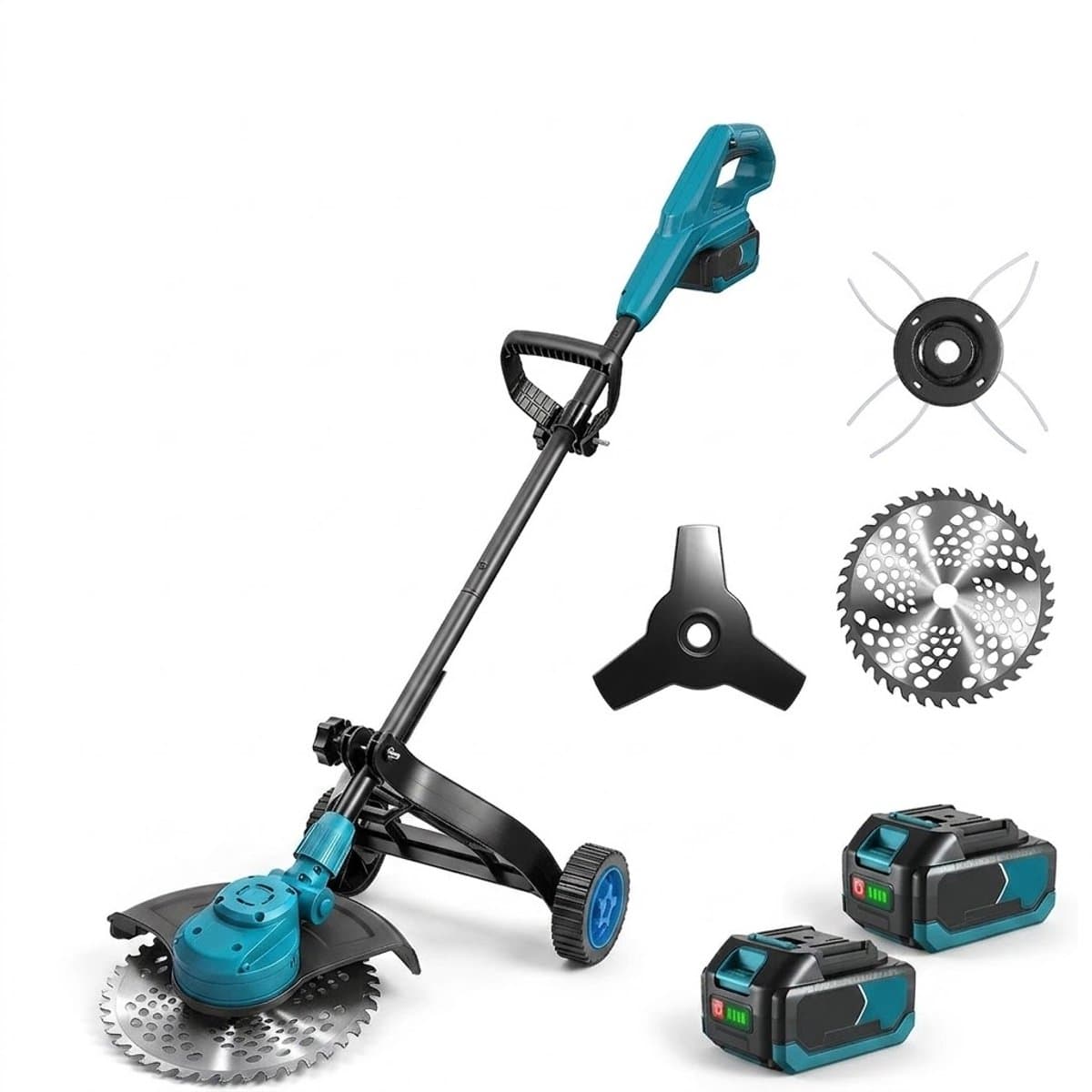 Accu Grastrimmer Borstelloze Motor 18V Compatibel met Makita Batterij - Draadloze Grasmaaier 25 cm Maaibreedte met 3 Meskoppen en Nylon Wielen - 58000 RPM - 120 cm — afbeelding 1