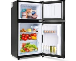 Tafelmodel koelkast-Vriescombinatie - Tweedeurs Koelkast - Mini Koelkast - Vrijstaande Koelkast - 60L - LED - 45dB - Energielabel E - Kantoor - 86,8cm - Vriezen - Zwart