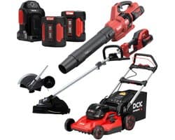 DCK Tools 58V Tuinonderhoud Totaal Actiebundel – Combimotor + Grasmaaier + Bladblazer + Kantensnijder + extra 5.0Ah Accu