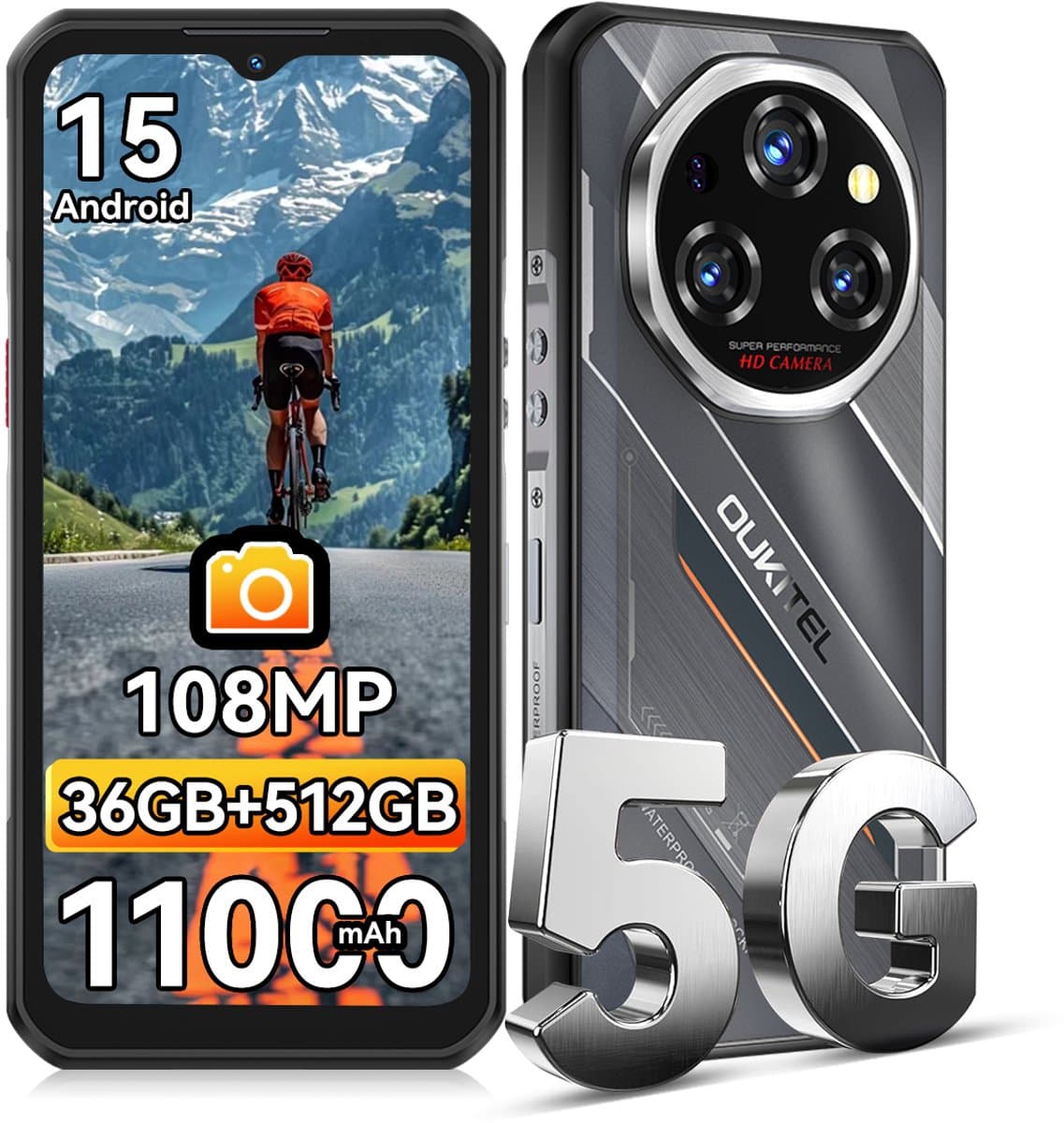 OUKITEL WP62 Rugged Smartphone 5G - 36GB RAM - 512GB ROM - 6,6 inch FHD+ 120Hz - 11000mAh 33W - 108MP Camera - Android 15 - Dual SIM - IP68/IP69K Outdoor telefoon - NFC GPS OTG - Zwart — afbeelding 1