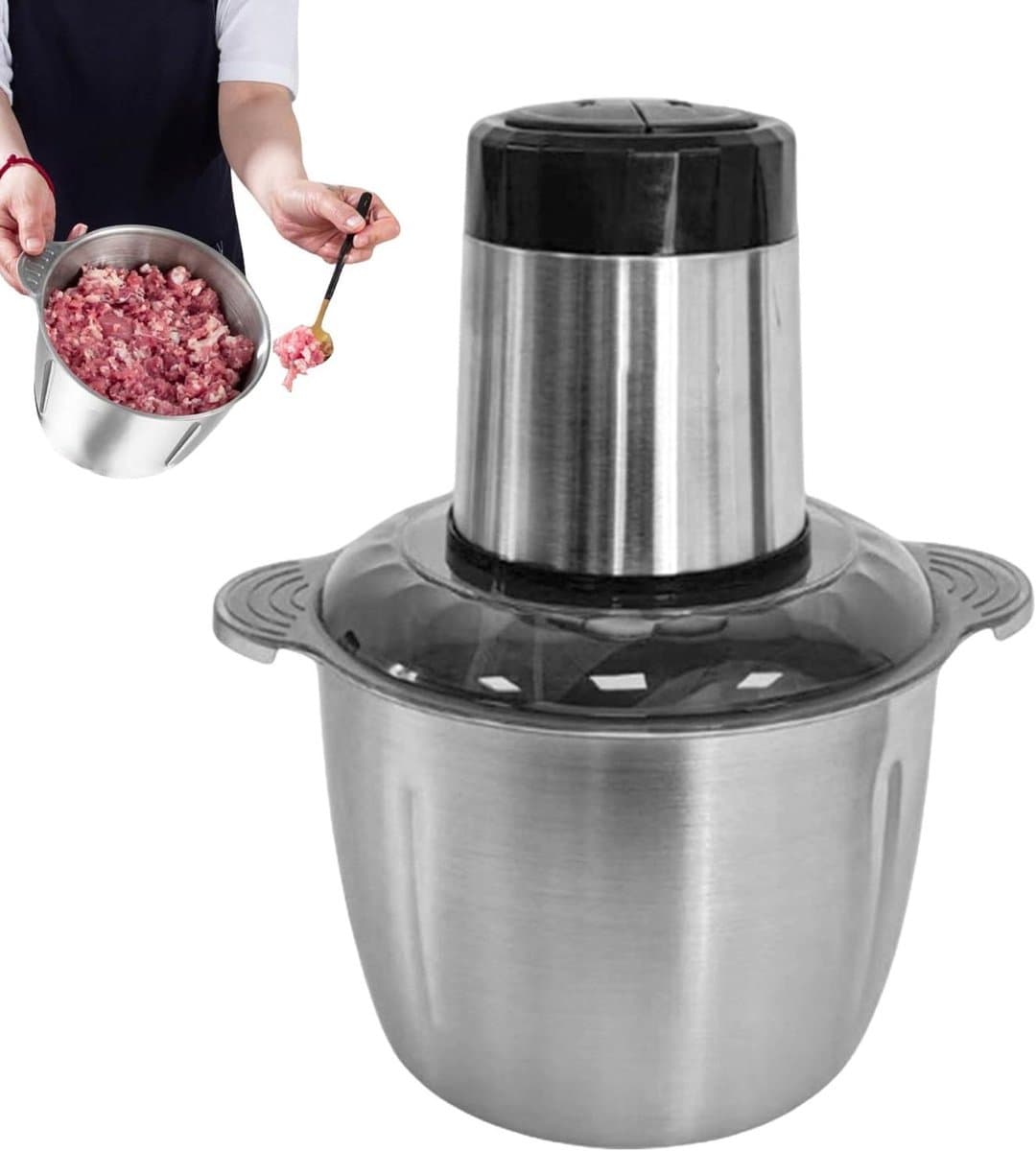 Elektrische Keukenmachine - Mini Hakmolen Voedselhakker - Snel Ingrediënten Hakken - Dubbellaags 4-Mesjes - 2L Capaciteit - Roestvrij Staal — afbeelding 1