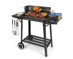 Barbecue Houtskool met Draaispit - Smoker BBQ met Warmhoudrek - Verstelbaar Kolenrooster - 49x29 cm Grilloppervlak - Zijplanken - Zwart