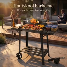 Barbecue Houtskool met Draaispit - Smoker BBQ met Warmhoudrek - Verstelbaar Kolenrooster - 49x29 cm Grilloppervlak - Zijplanken - Zwart — thumbnail 2