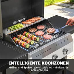 Gasbarbecue - Gasbarbecue en grill - 3 Branders - 9 kW - Grillwagen - Barbecuewagen - met Grillrooster, Wielen, Inklapbaar Bijzettafels, Thermometer, Onderste Plank, 6 Haken en Warmhoudplaten - 123 x 57 x 102 cm - Zwart — thumbnail 5