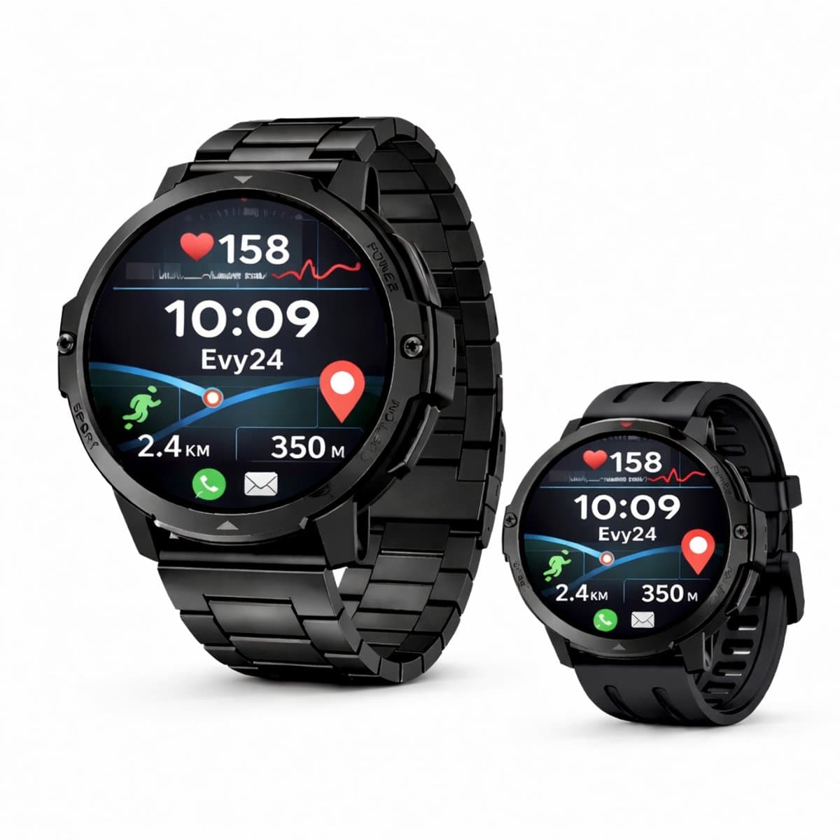 Evy24 Smartwatch GPS 48mm - Sporthorloge Heren en Dames - Belfunctie - Waterdicht - Hartslagmeter - Stappenteller - 2 Bandjes - iOS en Android - Zwart — afbeelding 1