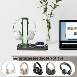 Hoofdtelefoonstandaard met Draaibare Controllerhouder, Draadloos Opladen, 9 Lichtstanden en 2 USB Poorten - Ideaal voor Gaming Accessoires en Bureau Organisatie — thumbnail 4