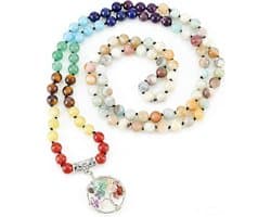 7 Chakras Mala Ketting met 108 Parels, 8 mm Natuurlijke Steen en Levensboom Hanger, 104 cm Lange Ketting voor Spirituele Meditatie en Energie Balans