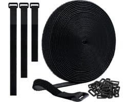 Verstelbare Kabelbinders 5m - Herbruikbare Zelfklevende Tape met 25 Gespen voor Kabelorganisatie Thuis en op Kantoor, Multifunctionele Oplossing voor Kabelbeheer