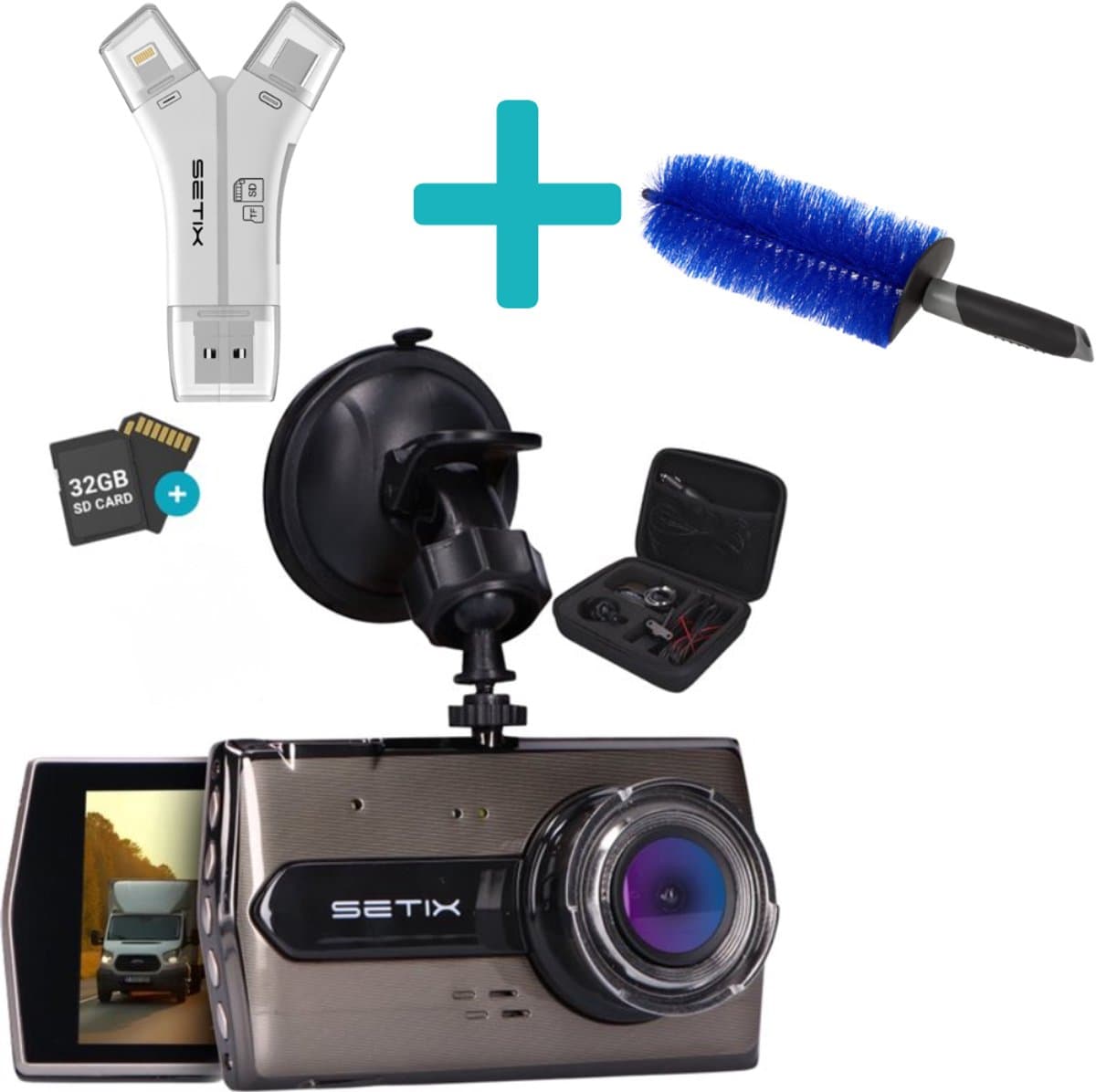 Setix Dashcam Go + SD Card reader en Autowielbrostel - Voor en Achter Camera – Inclusief 32GB SD kaart-Full HD 1080P Resolutie – Met Opbergcase tegen Diefstal - Nachtzicht – Plug & Play - Parkeermodus - 170 Graden Kijkhoek – Loop Recording — afbeelding 1