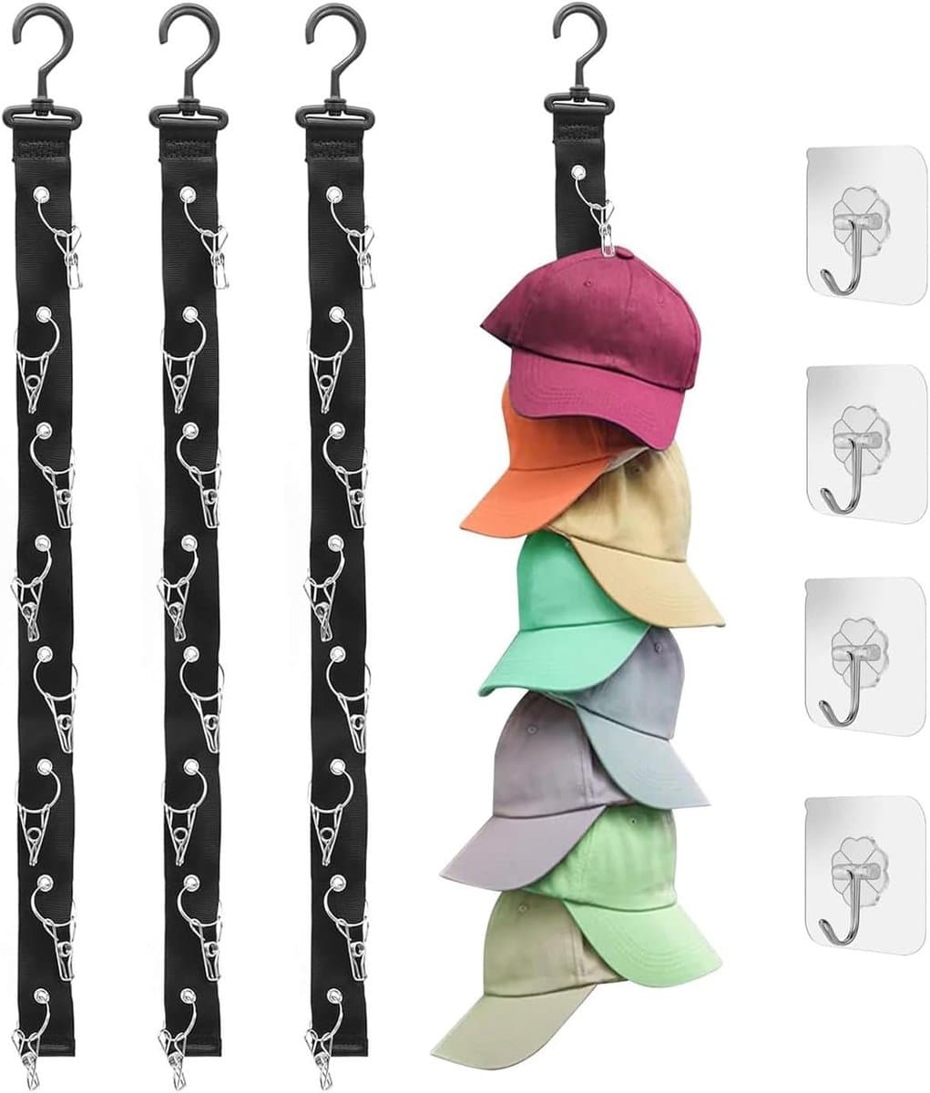 Nylon Hoedhouder voor Muurmontage met 4 Adhesieve Haken voor Baseball Caps en Zonnehoeden - Zwart — afbeelding 1