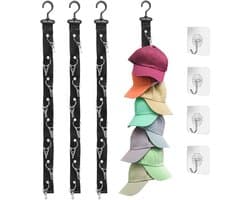 Nylon Hoedhouder voor Muurmontage met 4 Adhesieve Haken voor Baseball Caps en Zonnehoeden - Zwart