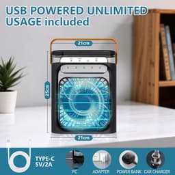 Mobiele Airconditioning - Draagbare Luchtkoeler - Mini Airco - 4-in-1 Ventilator met USB - Luchtkoeler met 600ml Watertank - Kleine Airconditioning voor Slaapkamer & Camping - 3 Snelheden & 3 Nevelmodi - Met 6 Kleuren Nachtlampje — thumbnail 2