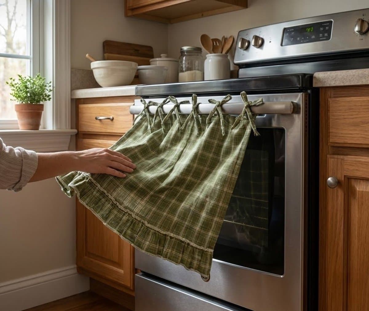 Ovenrokje in rustieke stijl — Met striklussen, hittebestendig en eenvoudig te bevestigen. Keukendecoratie in landhuisstijl; veelzijdige bekleding voor ovens, vaatwassers en wasmachines. Rustiek keukenaccessoire. — afbeelding 1