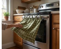 Ovenrokje in rustieke stijl — Met striklussen, hittebestendig en eenvoudig te bevestigen. Keukendecoratie in landhuisstijl; veelzijdige bekleding voor ovens, vaatwassers en wasmachines. Rustiek keukenaccessoire.