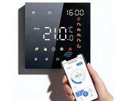 Slimme Thermostaat Temperatuurregeling met Touchscreen – Wifi Thermostaat met App Bediening & Programmeerbare Instellingen – LCD Touchscreen Thermostaat Zwart Compatibel met Google Home | Eenvoudige Opbouwmontage & Energiezuinig