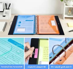 A4 Ringbinders in Zwart met 12 Plastic Hoezen in 6 Kleuren, Scheidingsbladen, Schrijfbare Labels en Kaarthouders voor Presentaties, Vergaderingen en Schoolgebruik — thumbnail 4