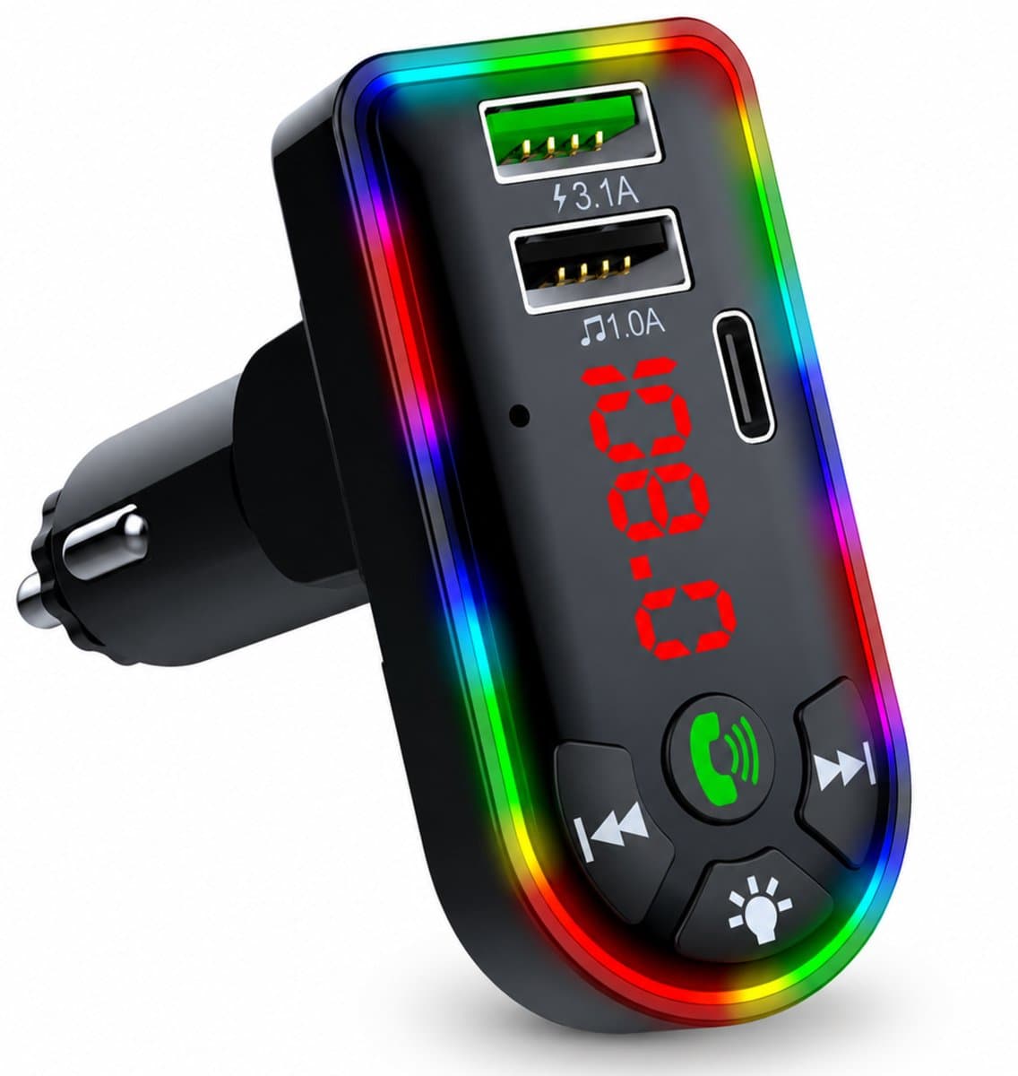 Bluetooth FM Transmitter Auto – Autolader – Draadloze Carkit & Snellader 5V/3.1A – RGB LED – USB & USB-C – Handsfree Bellen – MP3 Speler – 12V/24V — afbeelding 1
