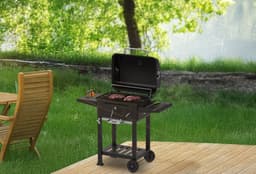 Houtskool Barbecue met Deksel en Wielen – Verrijdbare BBQ Grill – Thermometer – Verstelbare Kolenlade – Zijtafels – 54 x 42,5 cm Grillrooster — thumbnail 5