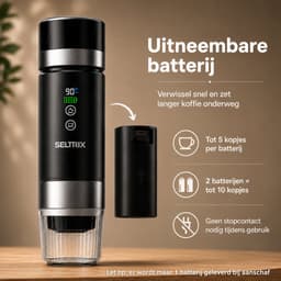 Draagbare koffiemachine - Verwisselbare Accu - 20 Bar - Inclusief Beschermhoes - Espressomaker voor Onderweg - 150 ml - 7500 mAh Oplaadbaar - Draagbaar koffiezetapparaat - Cups & Gemalen Koffie - Camping & Reizen - Espresso & Lungo - Seltrix - Zwart — thumbnail 2