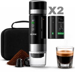 Draagbare koffiemachine - Verwisselbare Accu + 1 extra accu - 20 Bar - Inclusief Beschermhoes - 150 ml - 7500 mAh - Draagbaar koffiezetapparaat - Cups & Gemalen Koffie - Camping & Reizen - Espresso & Lungo - Seltrix - Zwart — thumbnail 1