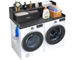 Lifero Wasdroger Werkblad - Aanrecht Wasruimte - Wasmachine Ombouwmeubel - Zwart met Lade en 2-laags Planken - Afdekplaat