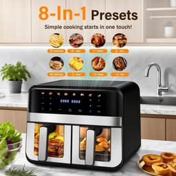 9.4L Airfryer met 2 Kamers & Kijkvenster – Dubbele Heteluchtfriteuse 8-in-1 – Touchscreen & Antiaanbak Mandjes — thumbnail 9