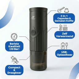 JT Products Draagbare 2 In 1 Espressomachine Zwart - Oplaadbaar - Capsules En Gemalen Koffie - Warmt Op - Koffiemaker - Nespresso - Draagbare Koffiemachine - Reis En Camping Koffiezetapparaat - Maatje — thumbnail 2