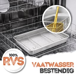 Braadslede met Afkoelrooster 304 RVS 26,4 x 20,5 x 3 cm + Gouden Keukenpincet 25 cm – Oven, BBQ & Airfryer Set — thumbnail 6