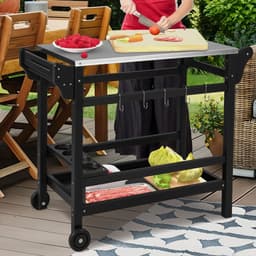 Buitenkeuken op Wielen – BBQ Trolley – Met Opbergkast & Planken – Werktafel voor Buiten – Hout & Metaal – Multifunctioneel – Zwart — thumbnail 2