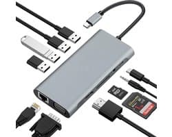 SNJY® Docking Station Laptop - USB-C Hub - Docking Station USB-C - 11-in-1 - 100W - Grijs