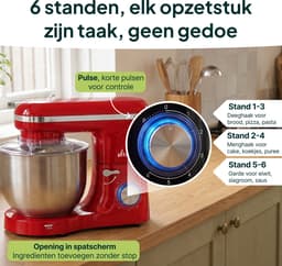Vivid Green 2000W Keukenrobot - 6.2L - Mixer met Mengkom - Keukenmachine - Keukenmixer - Rood — thumbnail 2