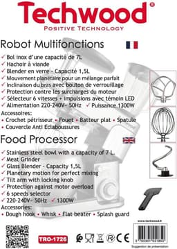 Multifunctionele keukenmachine 7 liter 1300 watt met roestvrijstalen kom en accessoires — thumbnail 3