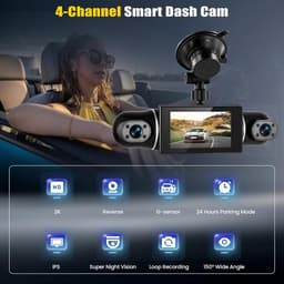 2K Dashcam Auto Voor Achter 4 kanalen, 360 Graden Dashcam 3 Inch met APP, Nachtzicht IR, Loopopname, G-Sensor, parkeerhulp, 24-uurs parkeermodus — thumbnail 3