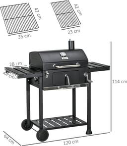 Houtskoolbarbecue - Grillwagen - Tuinbarbecue - Twee roosters - Inklapbare zijtafels - Opbergplank - Handvat - Buiten koken - 120x64x114cm - Zwart — thumbnail 5