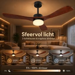 Rosnek Plafondventilator met Verlichting - Ø 132cm - Massief Houten Bladen - Stille DC Motor - App & Afstandsbediening - Dimbare LED - Zomer en Winterstand - Slaapkamer/Woonkamer — thumbnail 4