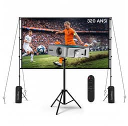 Beamer met WiFi & Bluetooth, 100 Inch Projectiescherm & Standaard van MMOBIEL – Native 1080P, 320 ANSI, 4K Ondersteuning, Automatische Keystone Correctie, 200 Inch – Voor HDMI, USB, iOS & Android — thumbnail 1