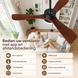 Rosnek Slimme Plafondventilator met Verlichting Massief Hout Ø132 - App & Afstandsbediening - Dimbaar LED 18W - Fluisterstil 20dB DC-Motor - Zomer/Winter Functie — thumbnail 4