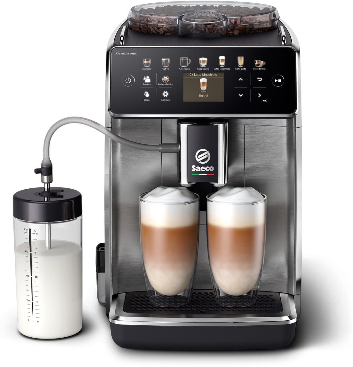 Saeco GranAroma SM6585/00 - Espressomachine - 16 Dranken met melksysteem - Volautomatisch - Koffiemachine met bonen + AquaClean filter - Metaal/Zwart — afbeelding 1