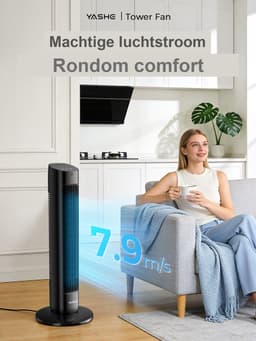 YASHE Torenventilator 76 cm - Stille ventilator zonder bladen vanaf 28 dB - 85 graden oscillatie - Afstandsbediening - 3 snelheden - 15-uurs timer - Zwart — thumbnail 4