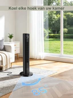 YASHE Torenventilator 90 cm - Stille ventilator zonder bladen vanaf 28 dB - 85 graden oscillatie - Afstandsbediening - 3 snelheden - 15-uurs timer - Zwart — thumbnail 3