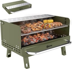 Opvouwbare Houtskoolbarbecue - Draagbare BBQ Met Verstelbaar Grillrooster En Zijtafel - Groen - RVS Camping Grill — thumbnail 5