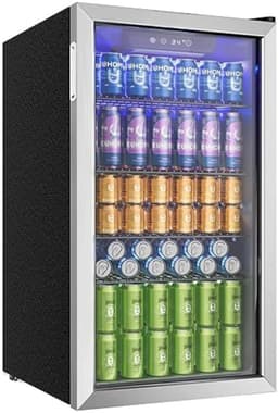 Flolife - Bierkoelkast met Glazen Deur en Zilver RVS Afwerking – Capaciteit 126 Blikjes – Verstelbare Planken voor Bier, Wijn en Dranken – Ideaal voor Thuis, Bar of Kantoor — thumbnail 1